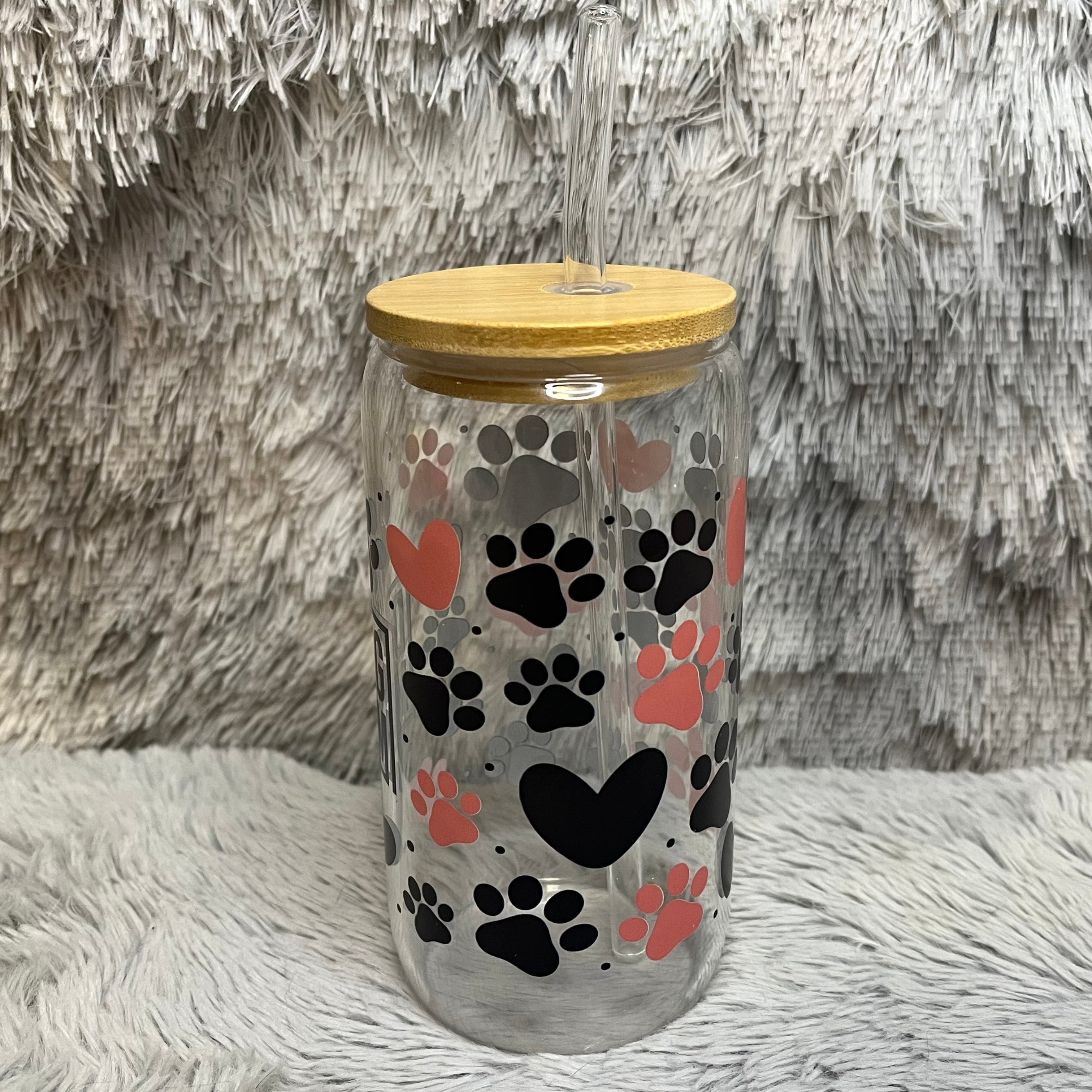 Dog Mom Glass Can Cup with Bamboo Lid & Straw | Cute Paw Print Tumbler