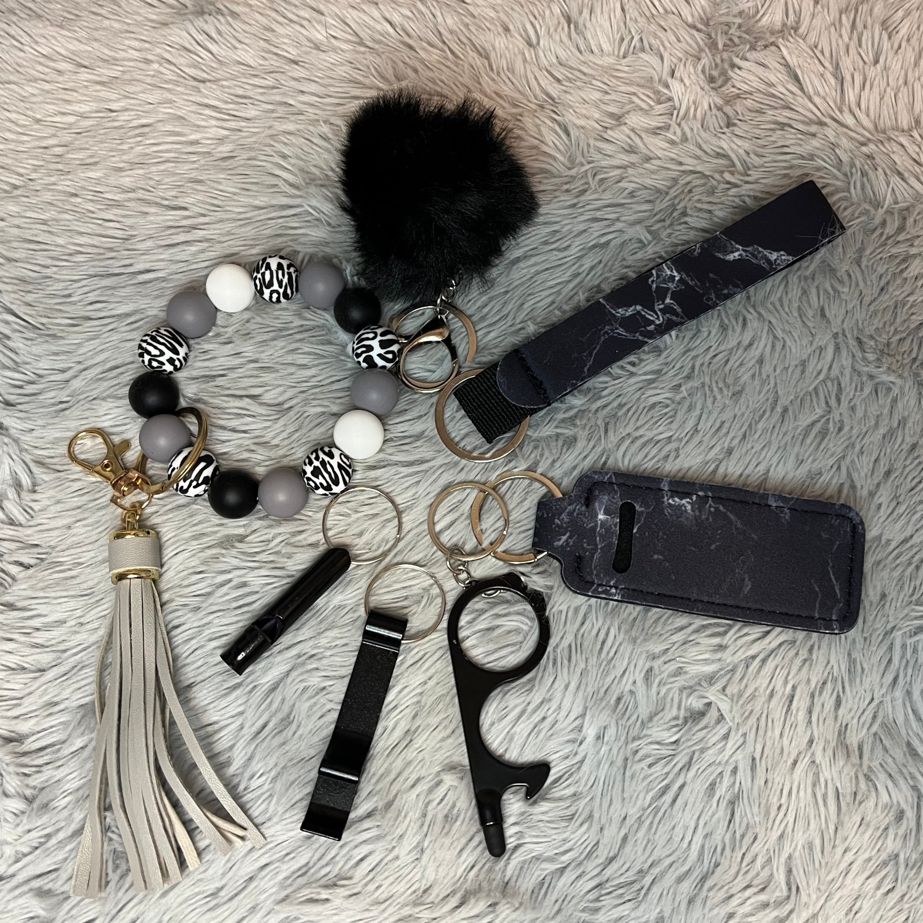 7pcs Marble Beaded Wristlet Safety Keychain Accessory Set