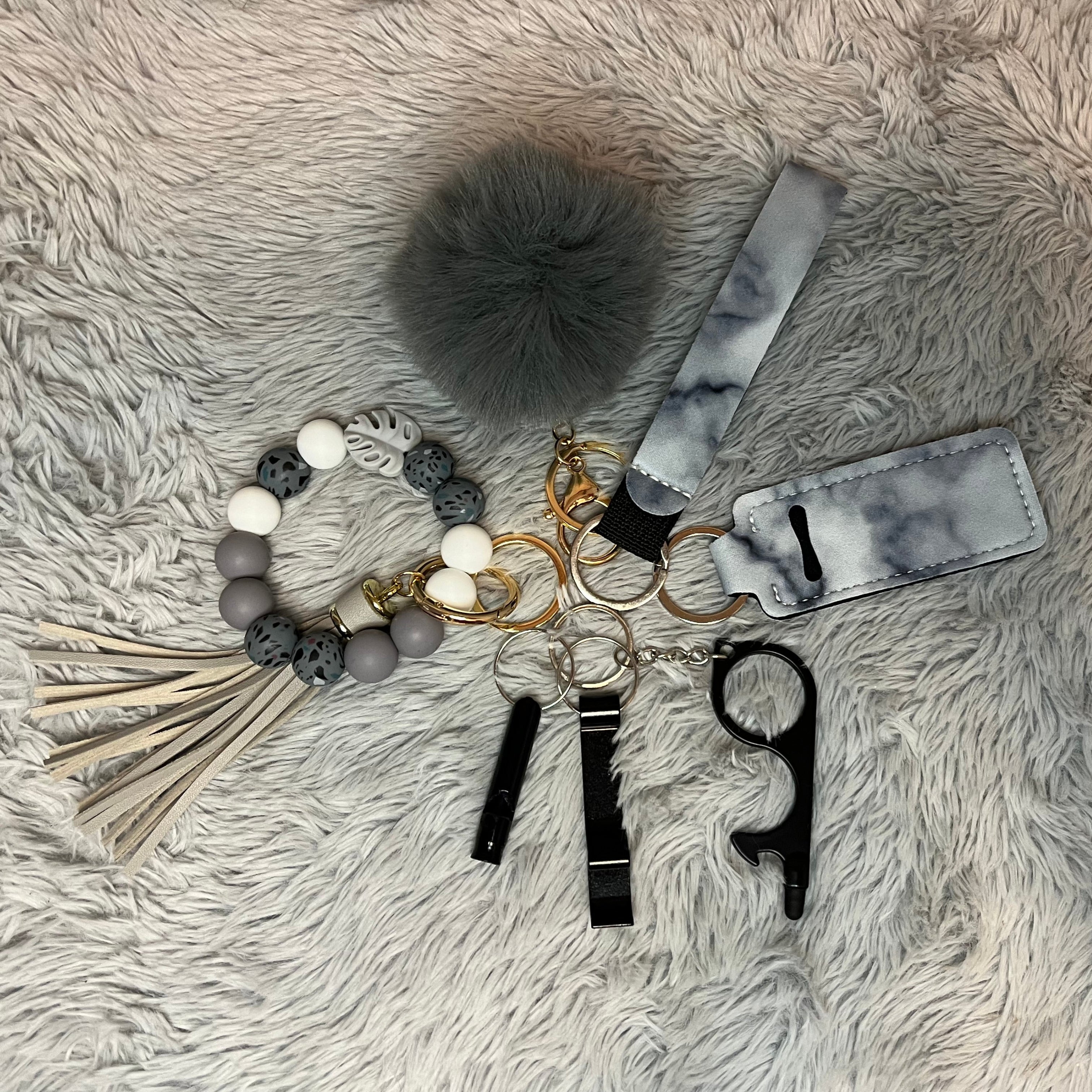 7pcs Marble Beaded Wristlet Safety Keychain Accessory Set