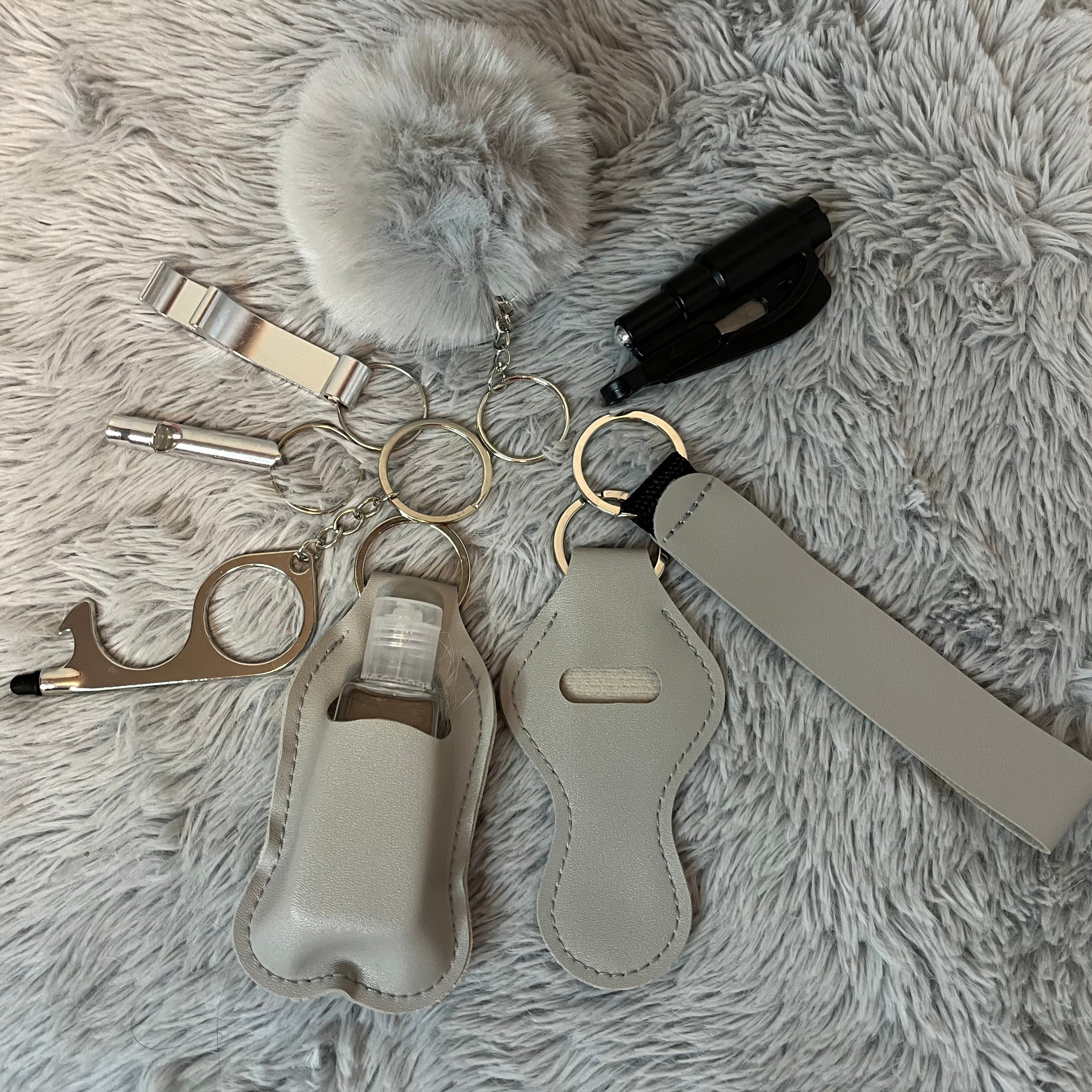 9pcs Faux Leather Safety Keychain Set