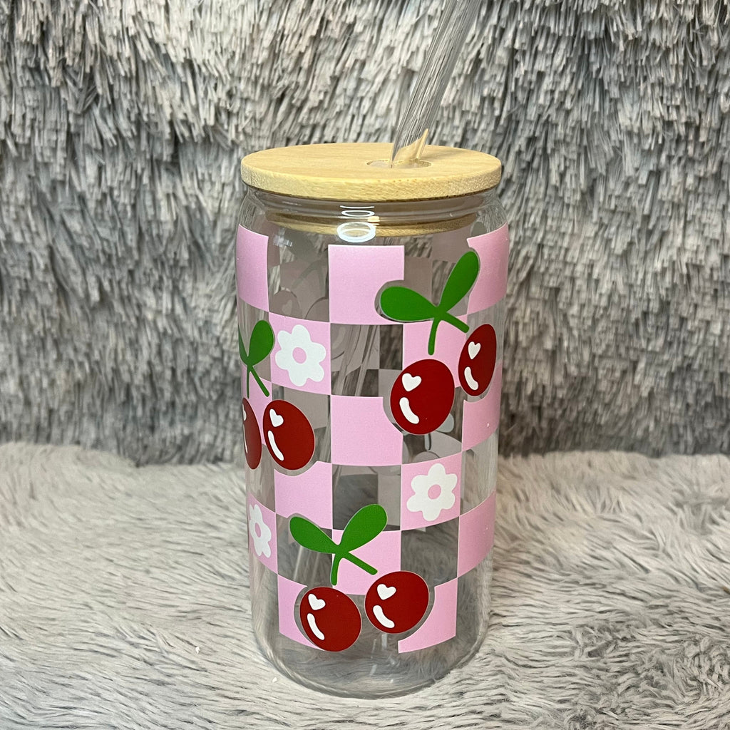 Cherry Checker Glass Tumbler with Bamboo Lid & Straw