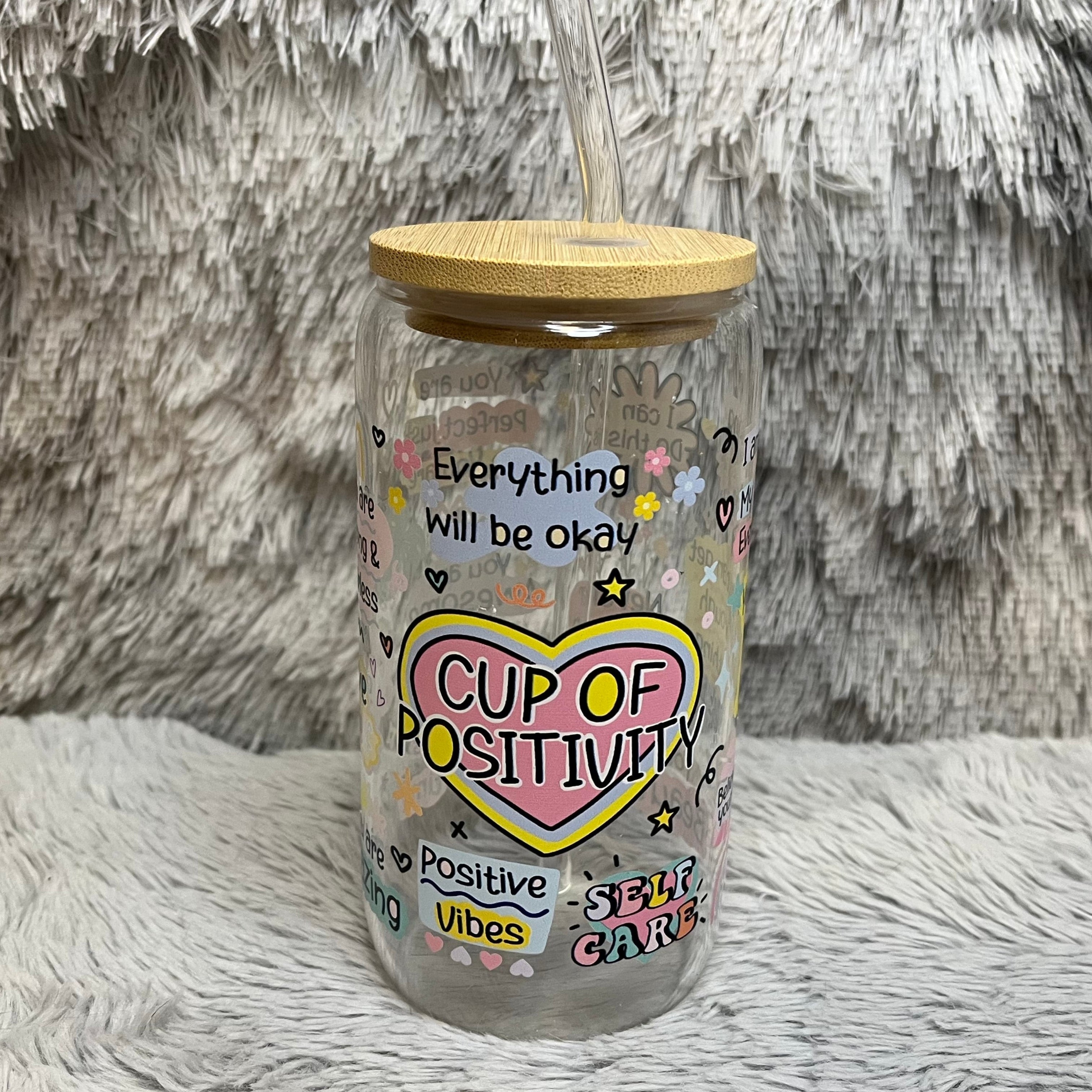 Cup of Positivity Glass Tumbler with Bamboo Lid & Straw | Aesthetic Self-Care Drinkware