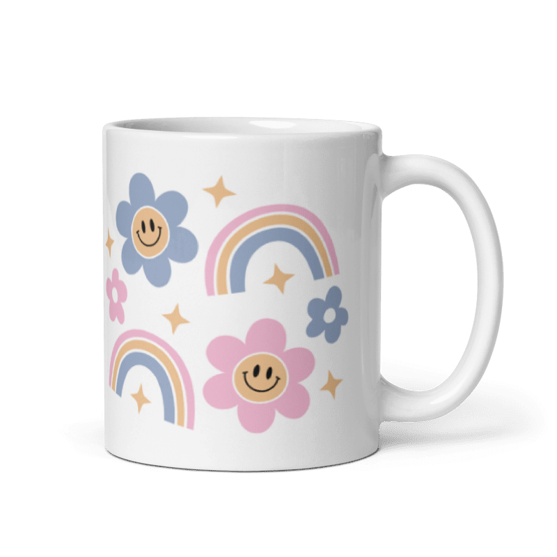Personalized Cute Flower Mug | Custom Name Mug | Smiley Rainbow Coffee Mug