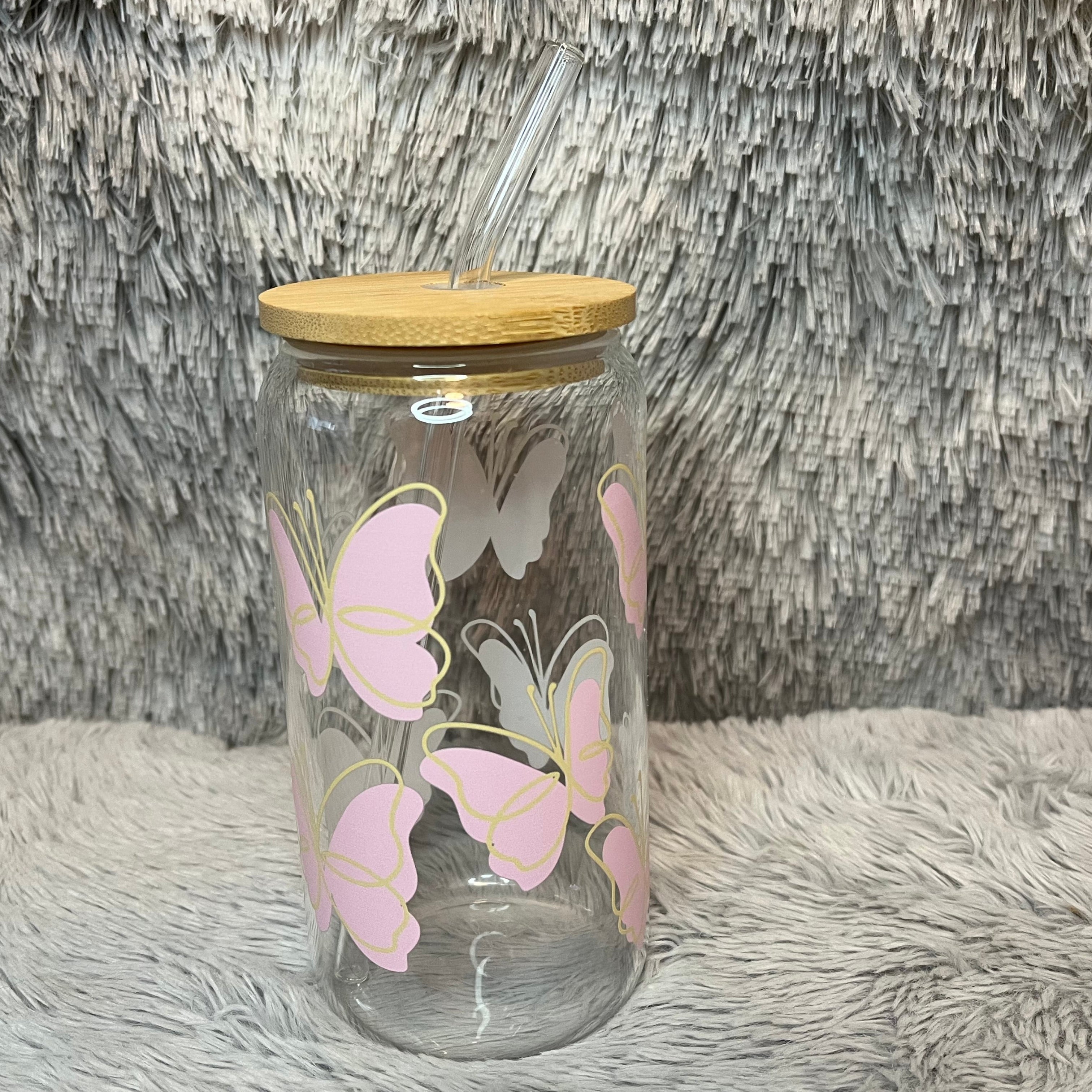 Pink Butterfly Glass Tumbler with Bamboo Lid & Straw