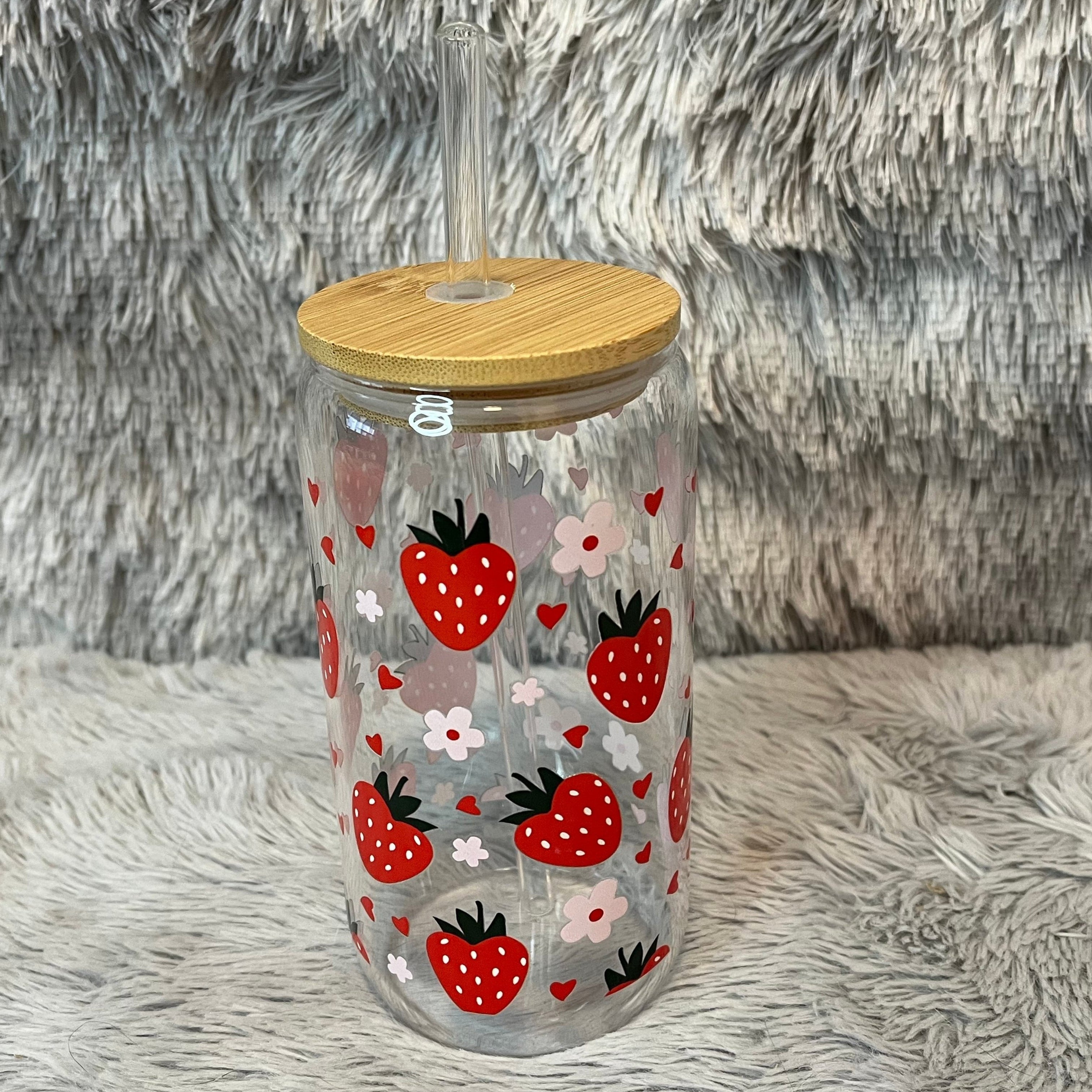 Strawberry Glass Tumbler with Bamboo Lid & Straw