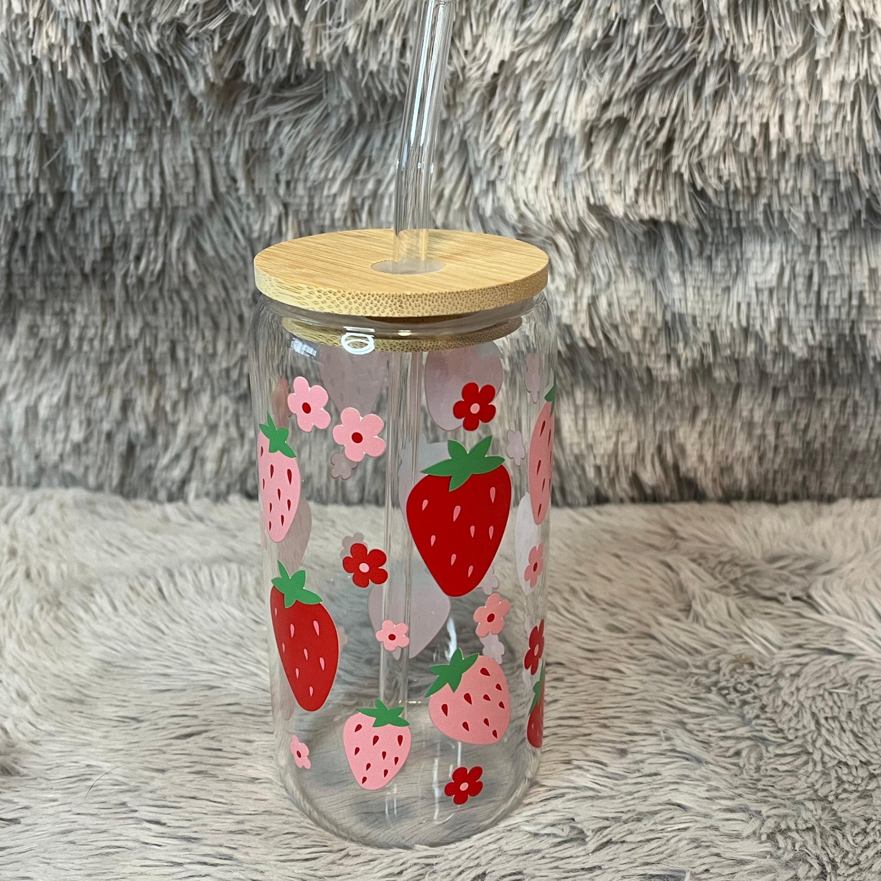 Strawberry Glass Tumbler with Bamboo Lid & Straw