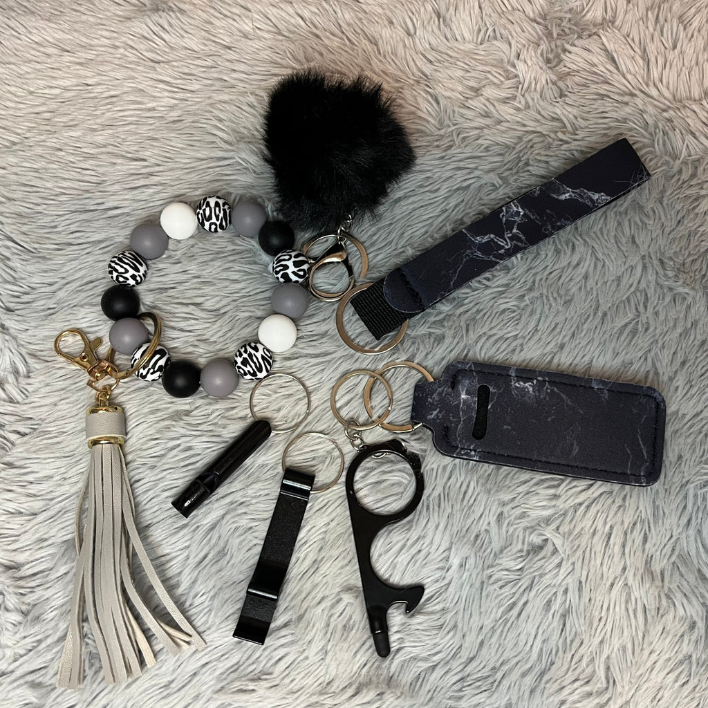 7pcs Marble Beaded Wristlet Safety Keychain Accessory Set