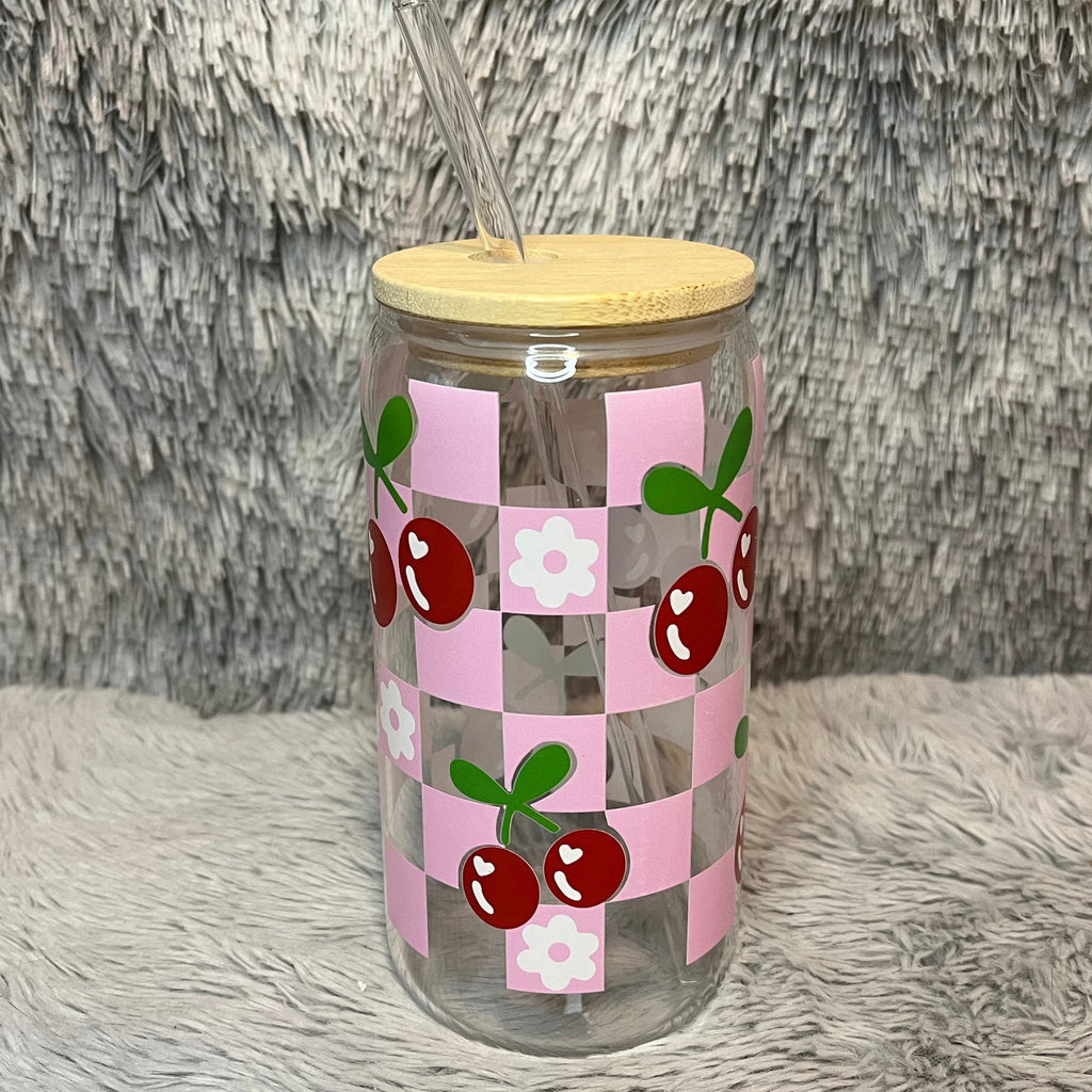 Cherry Checker Glass Tumbler with Bamboo Lid & Straw