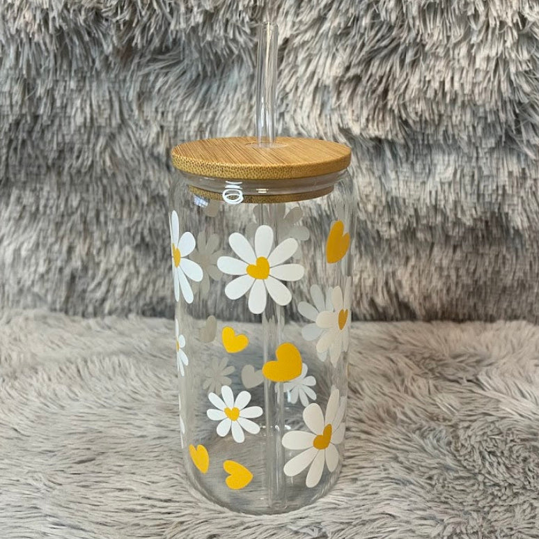 Daisy Heart Glass Cup | Floral Aesthetic Can Tumbler
