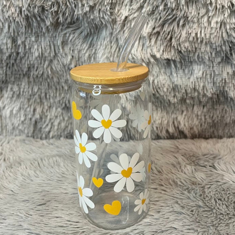 Daisy Heart Glass Cup | Floral Aesthetic Can Tumbler