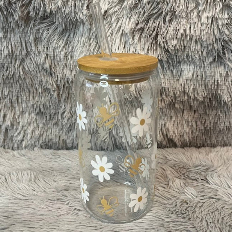 Daisy & Bee Glass Cup | Floral Aesthetic Can Tumbler