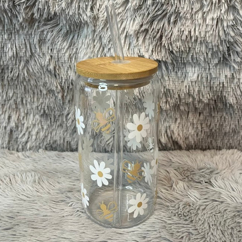 Daisy & Bee Glass Cup | Floral Aesthetic Can Tumbler