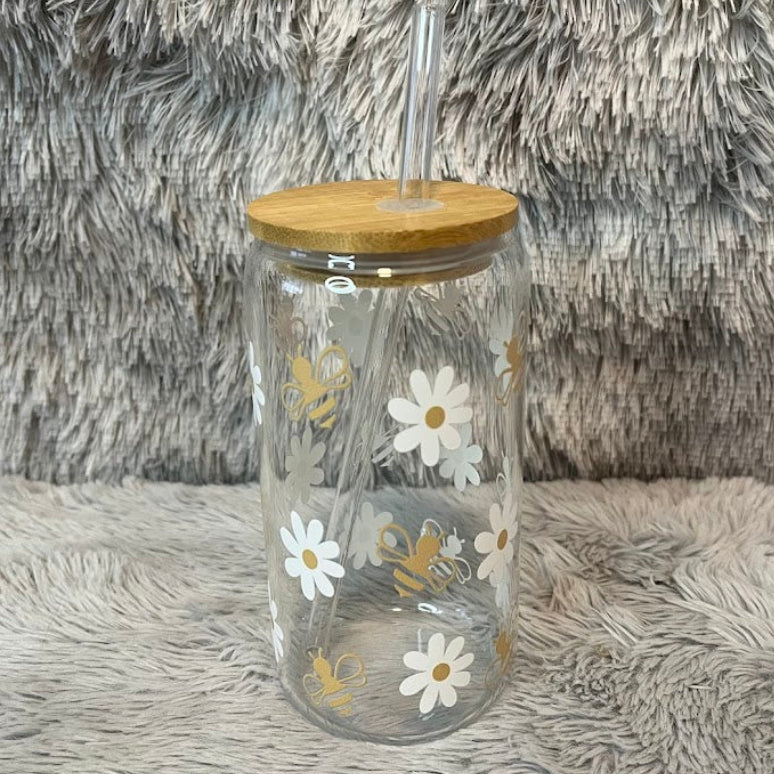 Daisy & Bee Glass Cup | Floral Aesthetic Can Tumbler