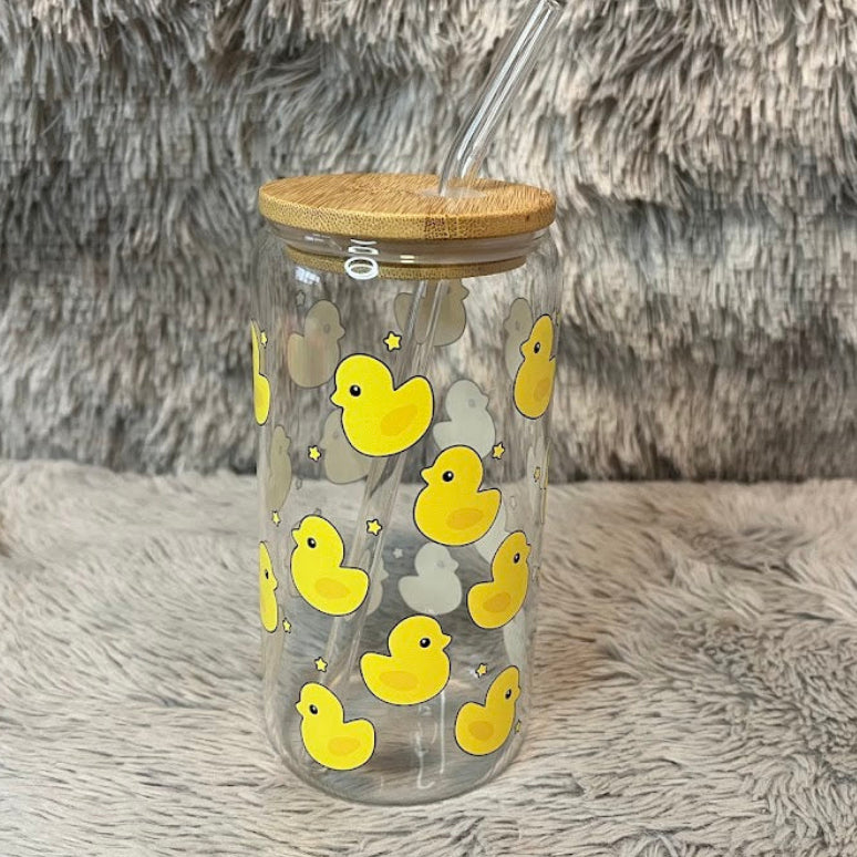 Cute Yellow Duck Glass Cup | Aesthetic Can Tumbler with Bamboo Lid