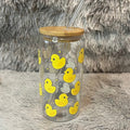 Cute Yellow Duck Glass Cup | Aesthetic Can Tumbler with Bamboo Lid