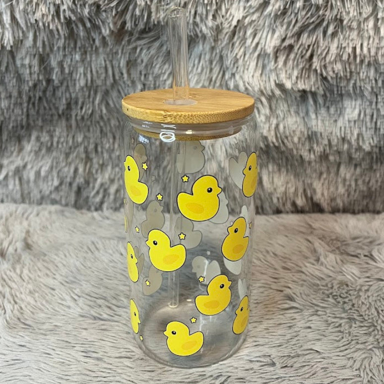 Cute Yellow Duck Glass Cup | Aesthetic Can Tumbler with Bamboo Lid