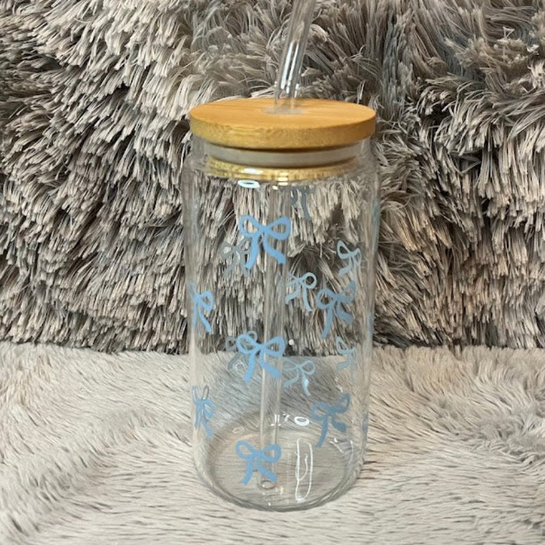 Cute Bow Glass Can Cup | Cute Glass Tumbler with Bamboo Lid
