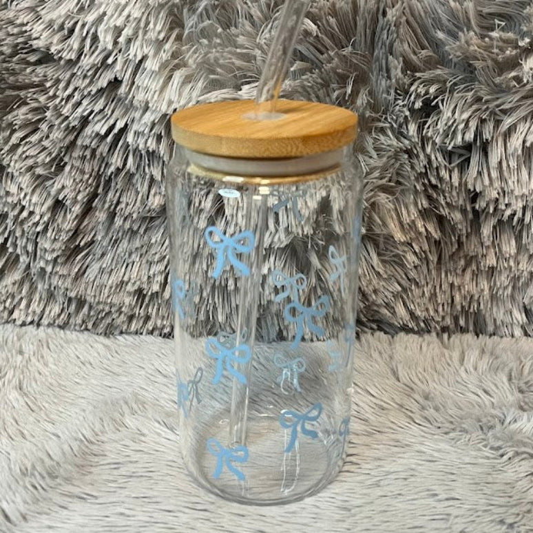 Cute Bow Glass Can Cup | Cute Glass Tumbler with Bamboo Lid