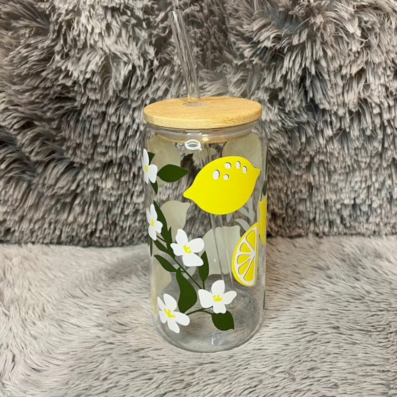 Lemon Floral Glass Cup | Citrus Aesthetic Can Tumbler