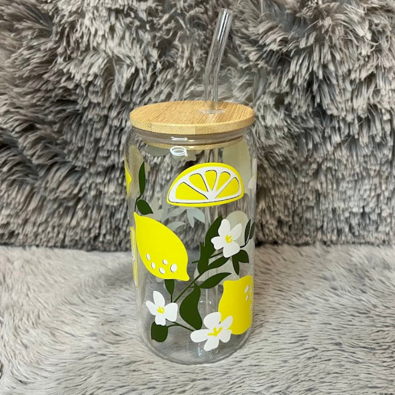 Lemon Floral Glass Cup | Citrus Aesthetic Can Tumbler