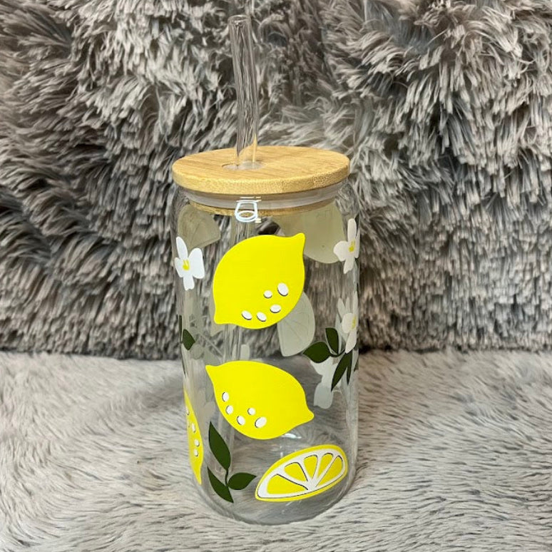 Lemon Floral Glass Cup | Citrus Aesthetic Can Tumbler