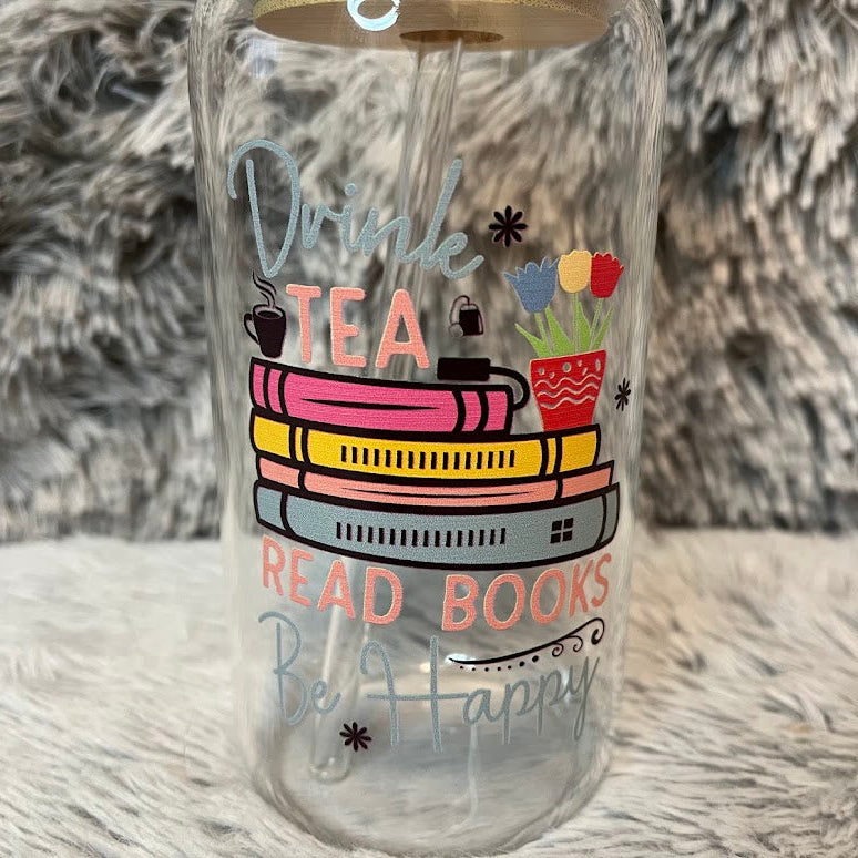 Drink Tea Read Books Be Happy Glass Cup | Book Lover Glass Tumbler