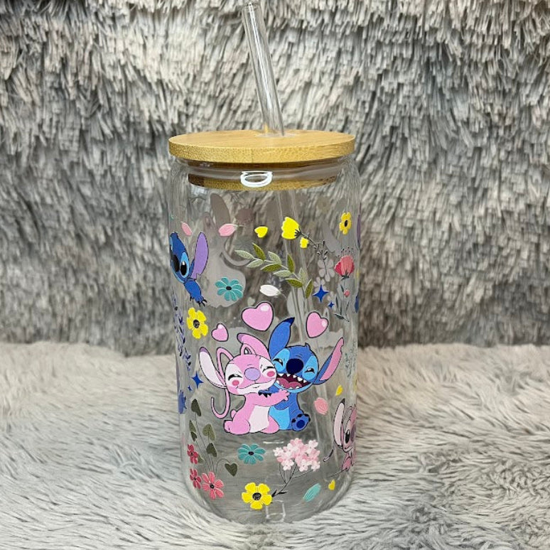 Cute Stitch and Angel Glass Cup | Cartoon Floral Can Tumbler