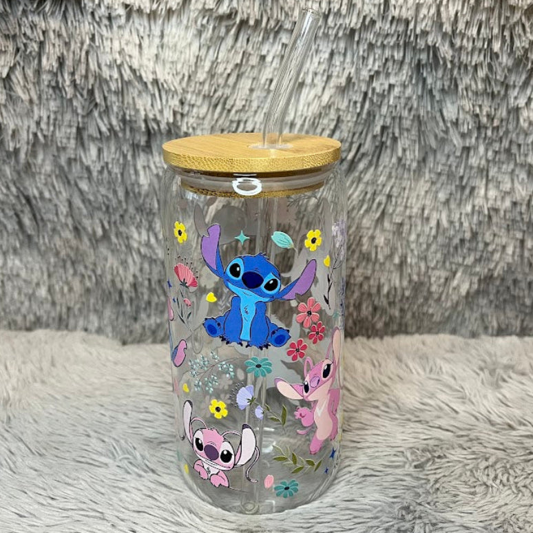 Cute Stitch and Angel Glass Cup | Cartoon Floral Can Tumbler