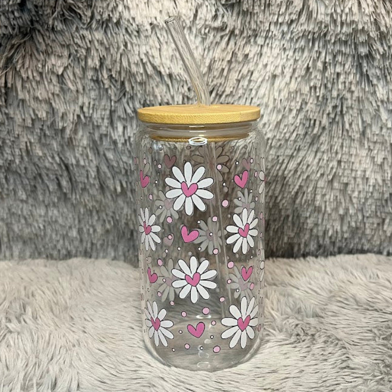 Pink Daisy Heart Glass Cup | Floral Aesthetic Can Tumbler