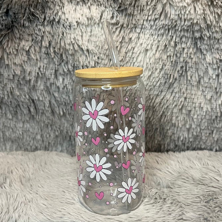 Pink Daisy Heart Glass Cup | Floral Aesthetic Can Tumbler