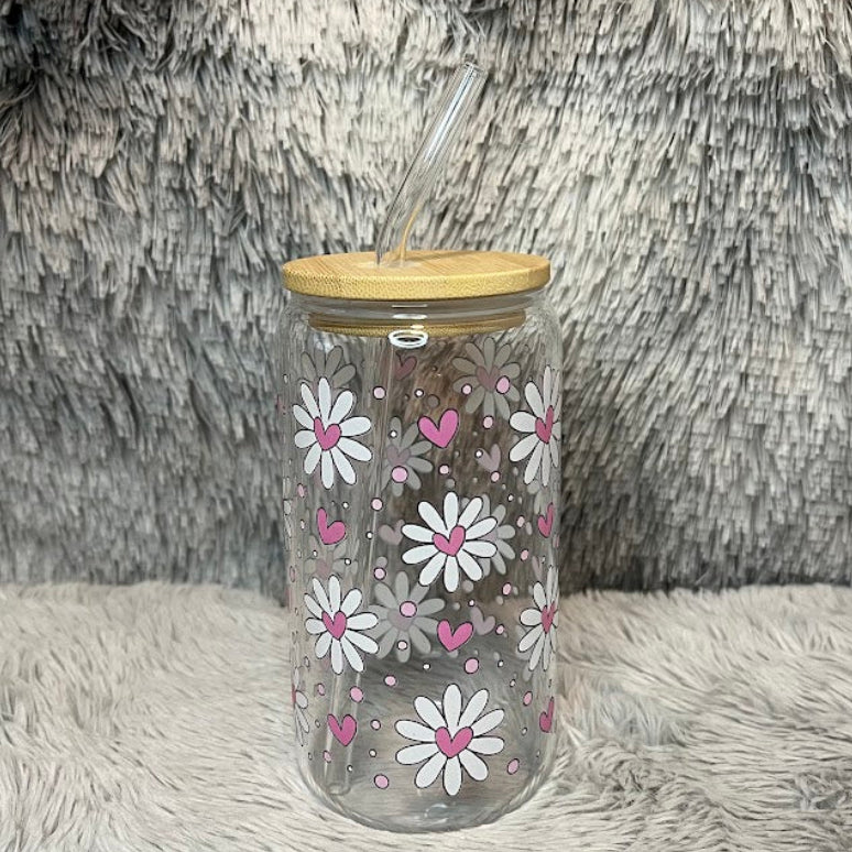 Pink Daisy Heart Glass Cup | Floral Aesthetic Can Tumbler