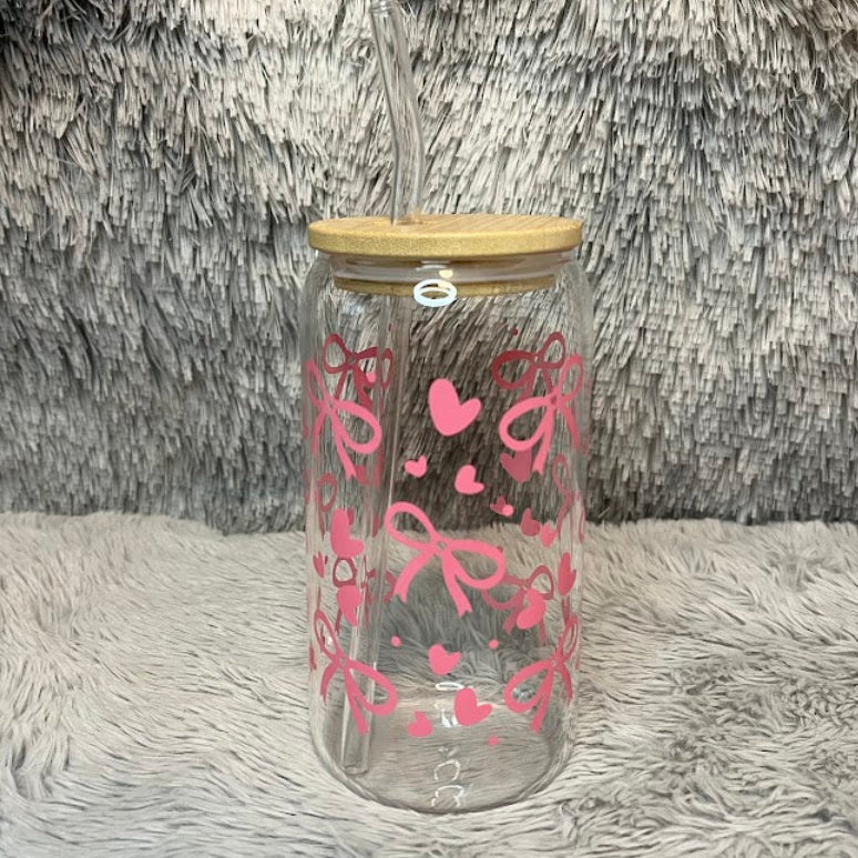 Pink Bow and Heart Glass Can Cup | Cute Glass Tumbler with Bamboo Lid