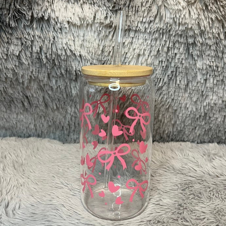Pink Bow and Heart Glass Can Cup | Cute Glass Tumbler with Bamboo Lid