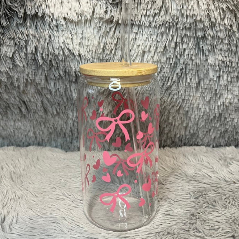 Pink Bow and Heart Glass Can Cup | Cute Glass Tumbler with Bamboo Lid