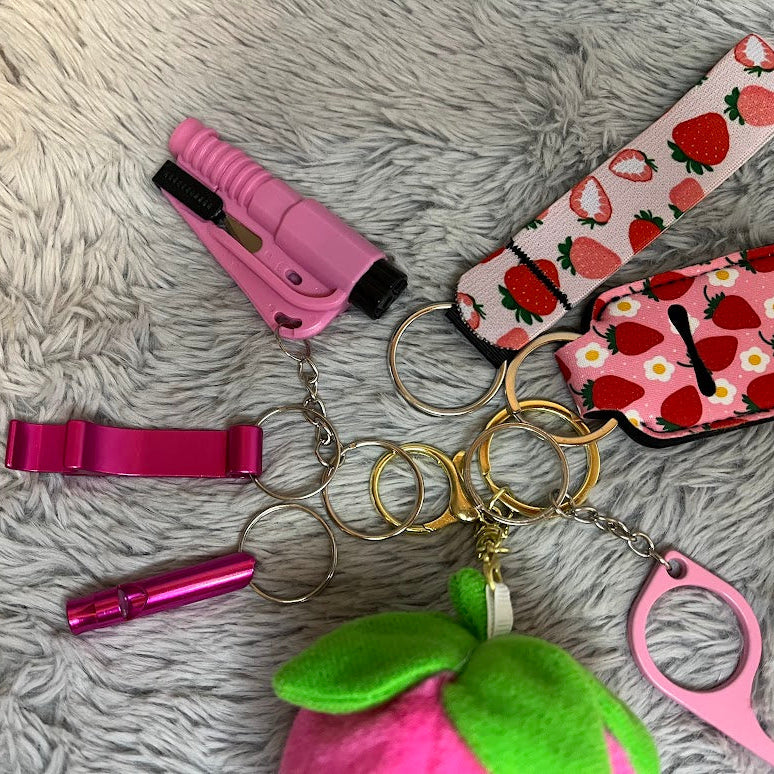 7pcs Pink Strawberry Safety Keychain Set | Cute Self Defense Keychain