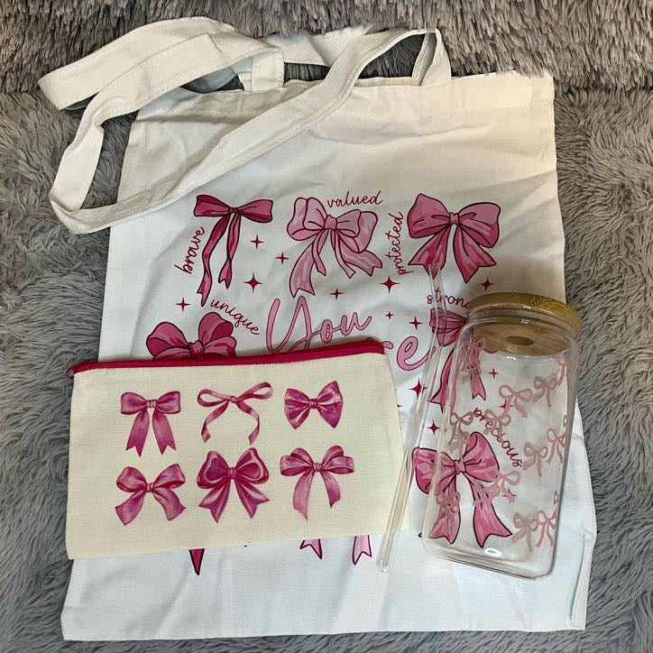 Pink Bow Aesthetic Gift Set – Canvas Tote Bag, Makeup Pouch & Glass Tumbler | Coquette Self-Love Bundle