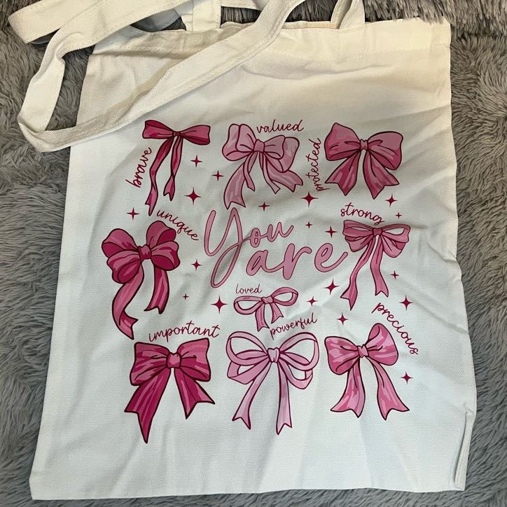 Pink Bow Aesthetic Gift Set – Canvas Tote Bag, Makeup Pouch & Glass Tumbler | Coquette Self-Love Bundle