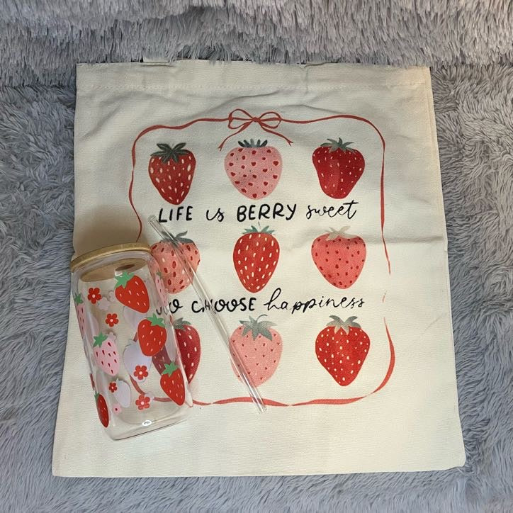 Strawberry Aesthetic Gift Set – Canvas Tote Bag & Glass Tumbler | Cute Self-Care Bundle