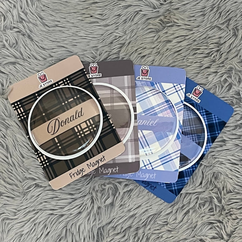 Personalized Name Fridge Magnet | Plaid Themed Design Custom Name Badge Button Pin | Pocket Mirror | Custom Keychain