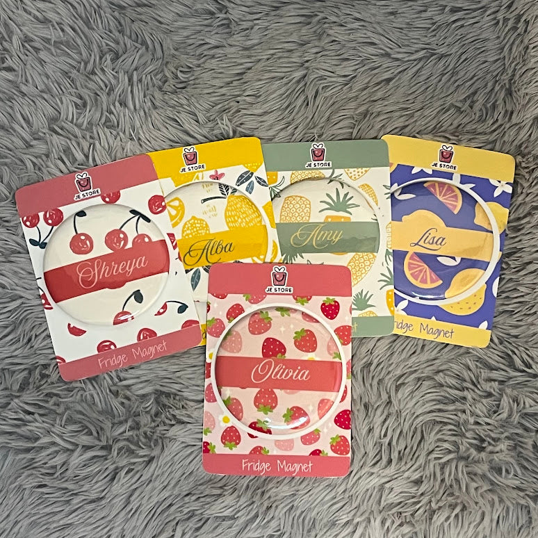 Personalized Name Fridge Magnet | Fruity Theme Design Custom Name Badge Button Pin | Pocket Mirror | Custom Keychain