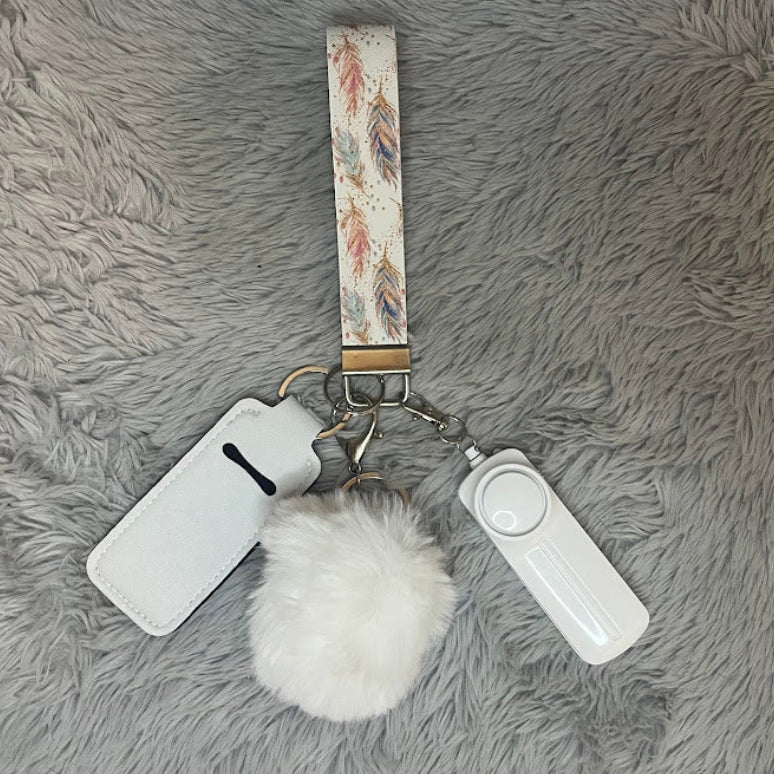 Feather Print Handmade Faux Leather Wristlet Safety Keychain Set