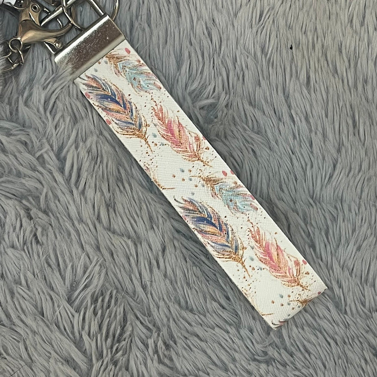 Feather Print Handmade Faux Leather Wristlet Safety Keychain Set
