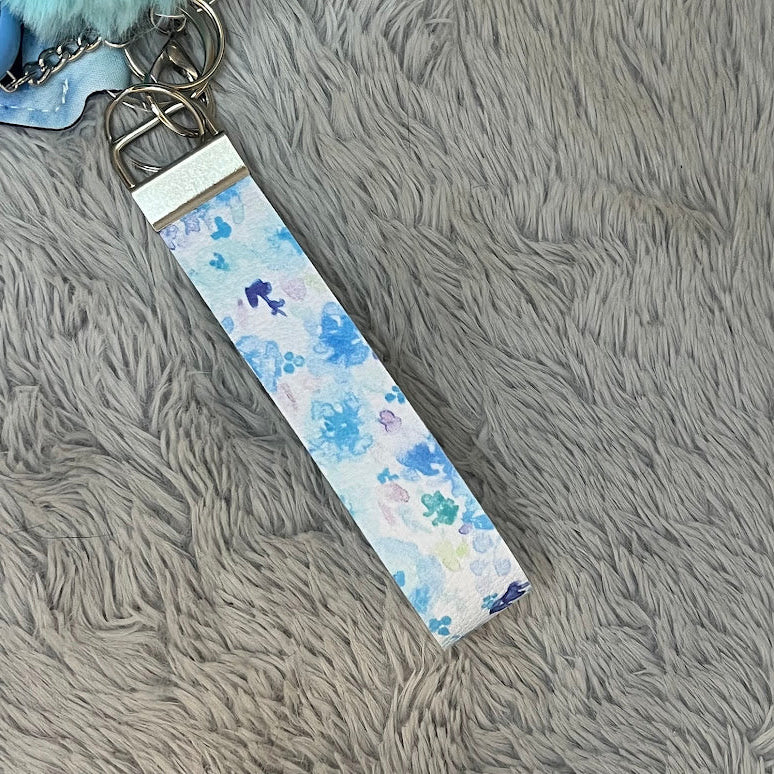 Floral Print Handmade Faux Leather Wristlet Safety Keychain Set