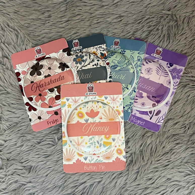 Personalized Name Fridge Magnet | Floral Custom Name Badge Button Pin | Pocket Mirror | Custom Keychain