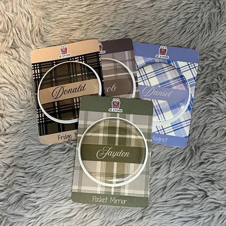 Personalized Name Fridge Magnet | Plaid Themed Design Custom Name Badge Button Pin | Pocket Mirror | Custom Keychain