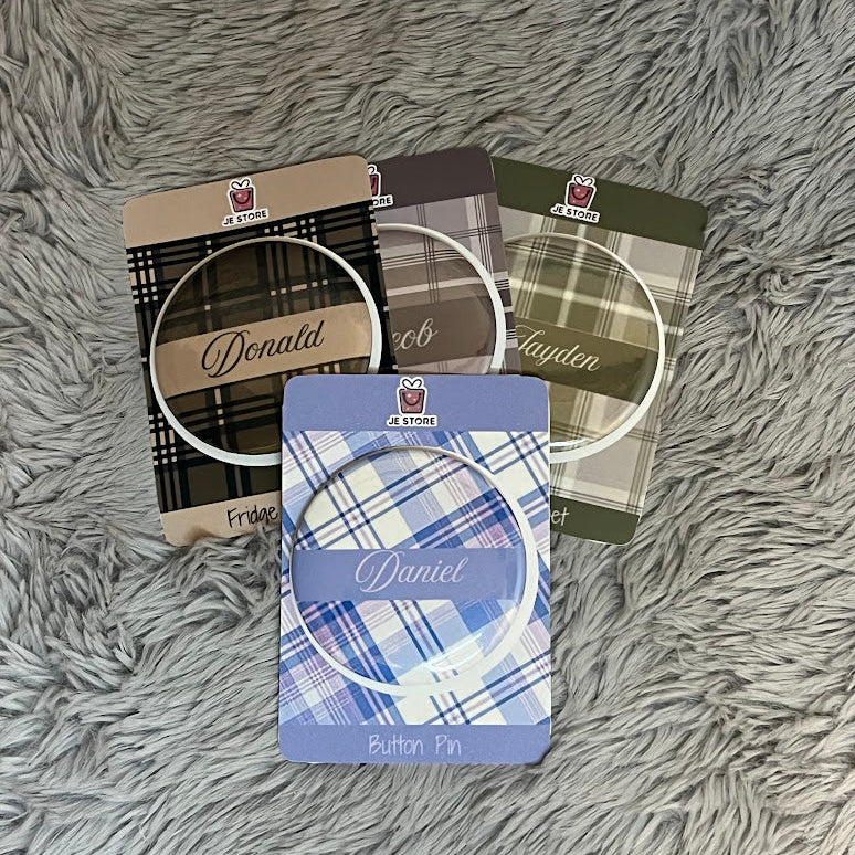 Personalized Name Fridge Magnet | Plaid Themed Design Custom Name Badge Button Pin | Pocket Mirror | Custom Keychain