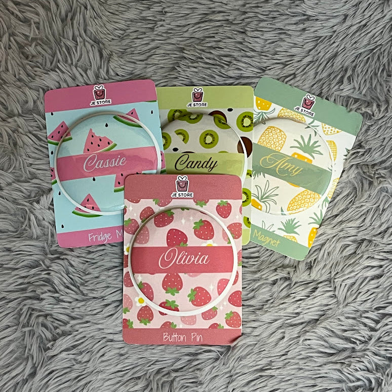 Personalized Name Fridge Magnet | Fruity Theme Design Custom Name Badge Button Pin | Pocket Mirror | Custom Keychain