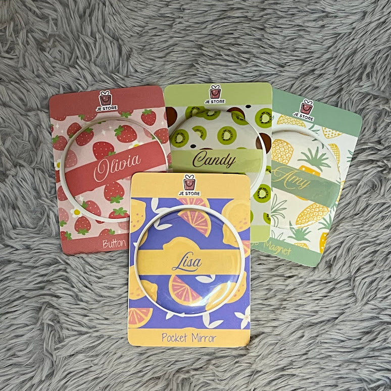 Personalized Name Fridge Magnet | Fruity Theme Design Custom Name Badge Button Pin | Pocket Mirror | Custom Keychain