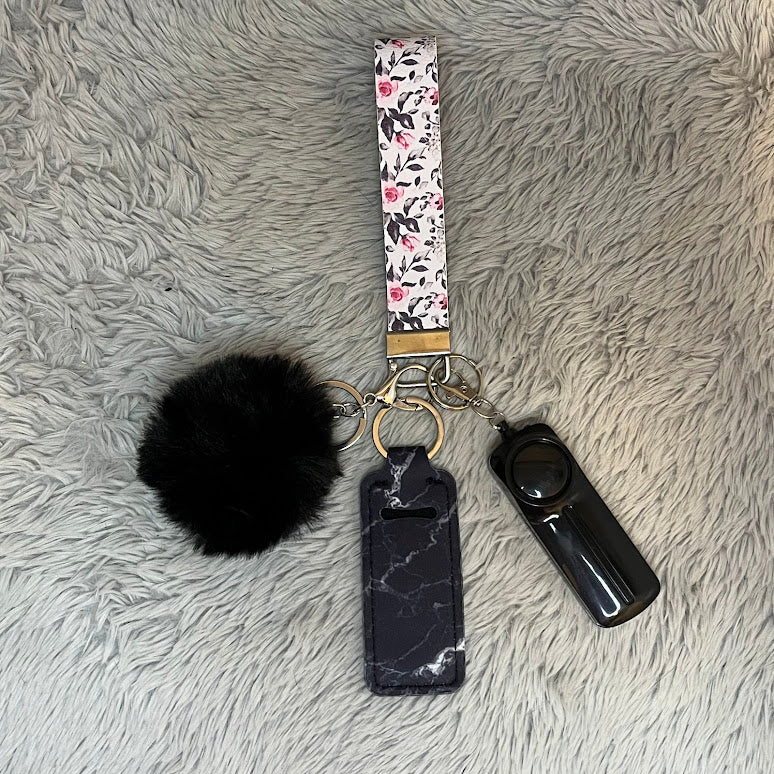 Floral Print Handmade Faux Leather Wristlet Safety Keychain Set