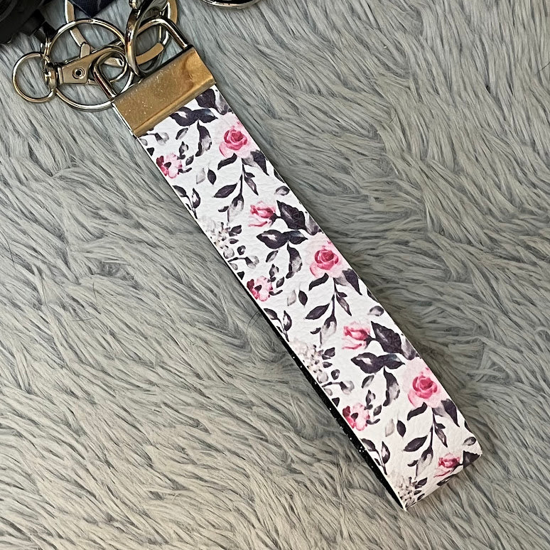 Floral Print Handmade Faux Leather Wristlet Safety Keychain Set